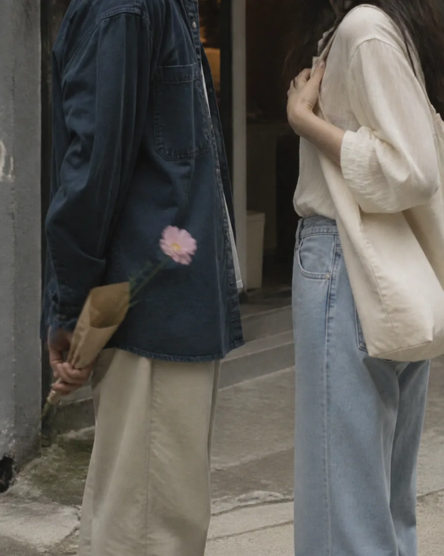 A pair meeting with a flower at the beginning of a date.