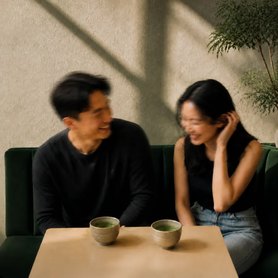 An Asian pair laughing across a small table during a matcha date.