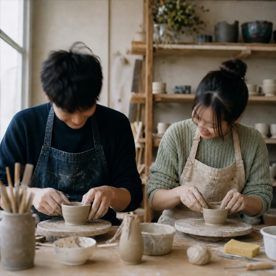 A pair shaping pottery together during a venue experience.