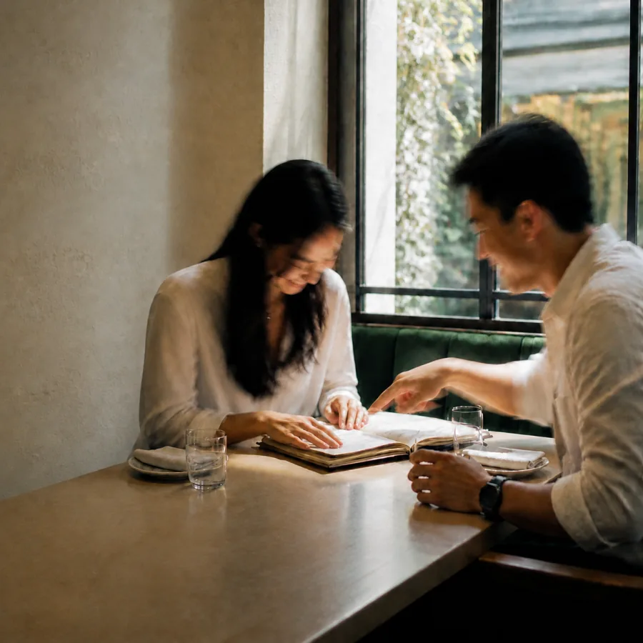 A pair sharing a menu over lunch at an independent restaurant.